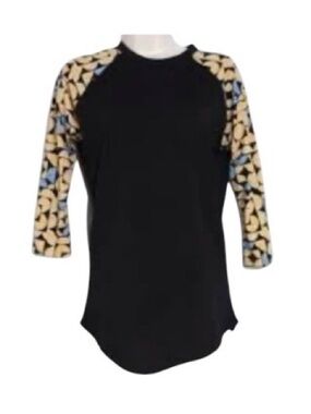 LuLaRoe Black Raglan Top with Yellow & Light Blue Patterned Sleeves